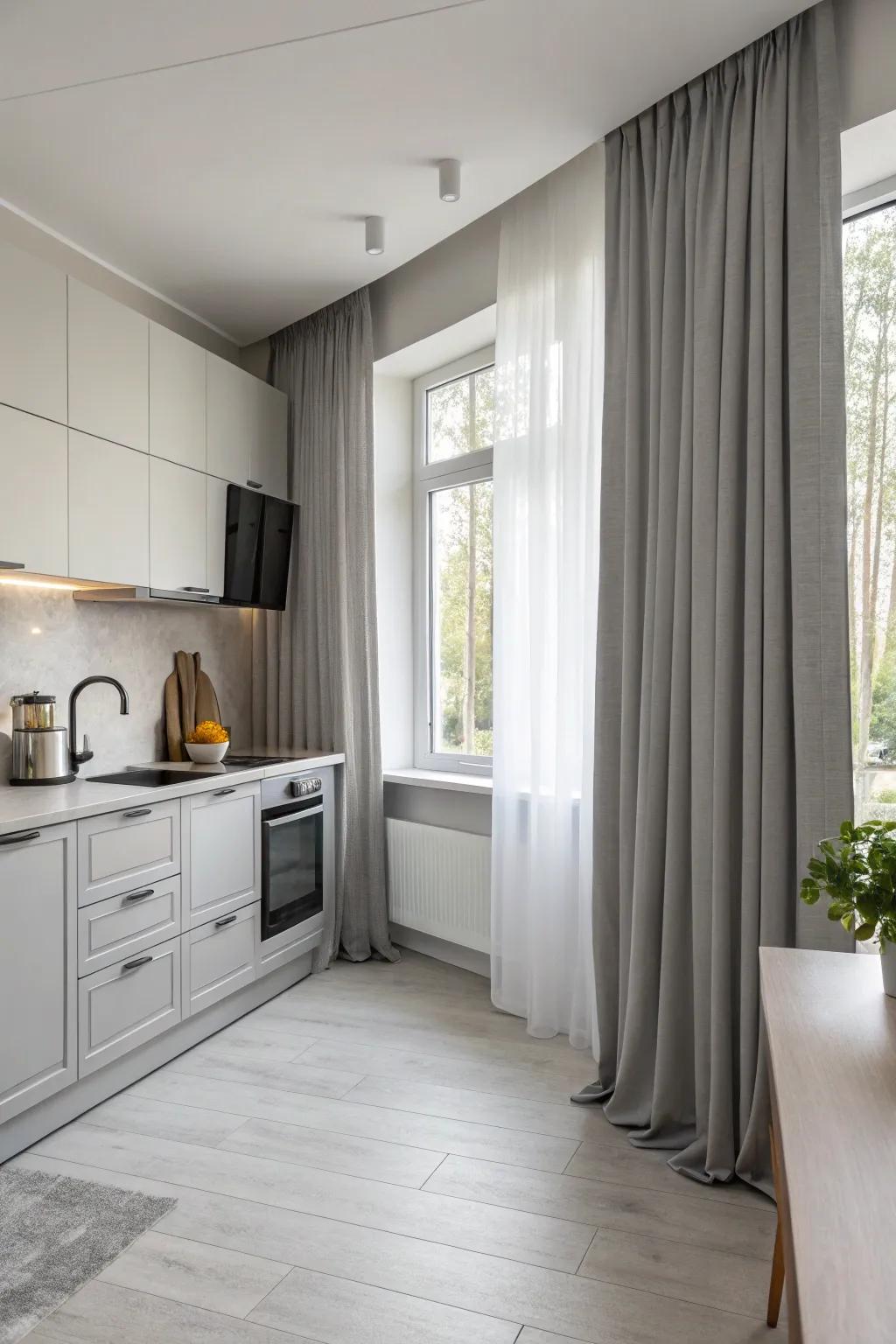 Minimalist gray curtains that blend seamlessly with kitchen decor.