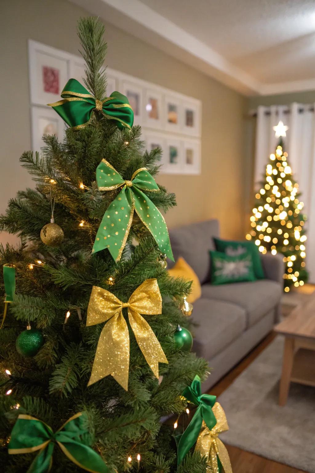 Green and gold bows adding charm to the tree