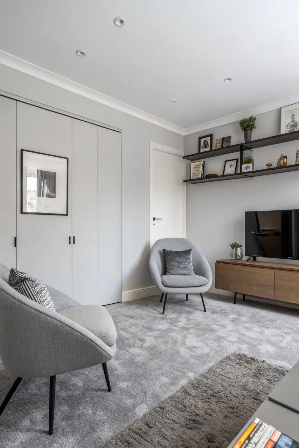 Pale grey walls create a seamless monochromatic look with grey carpets.