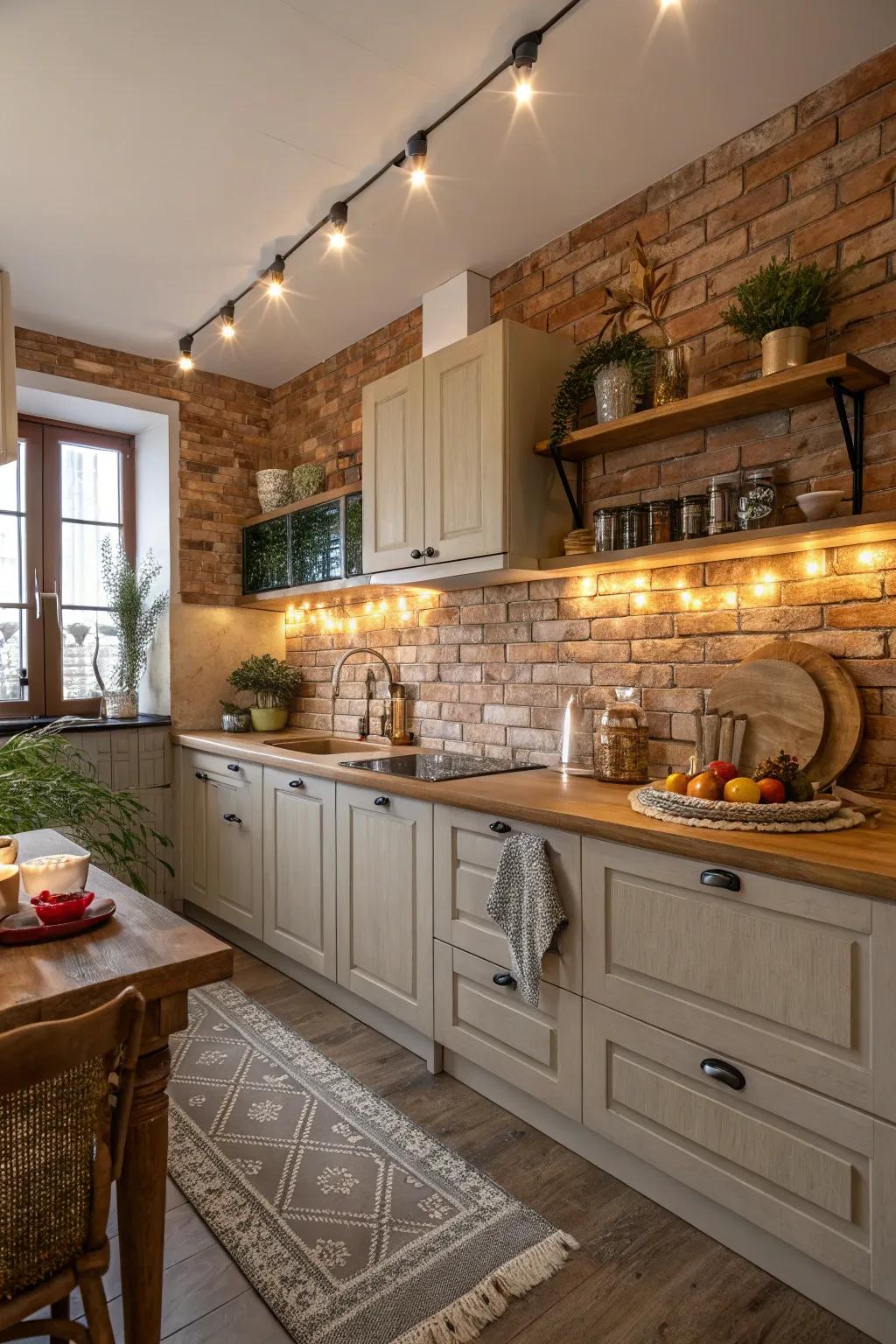 A kitchen featuring a textured brick backsplash for added warmth.