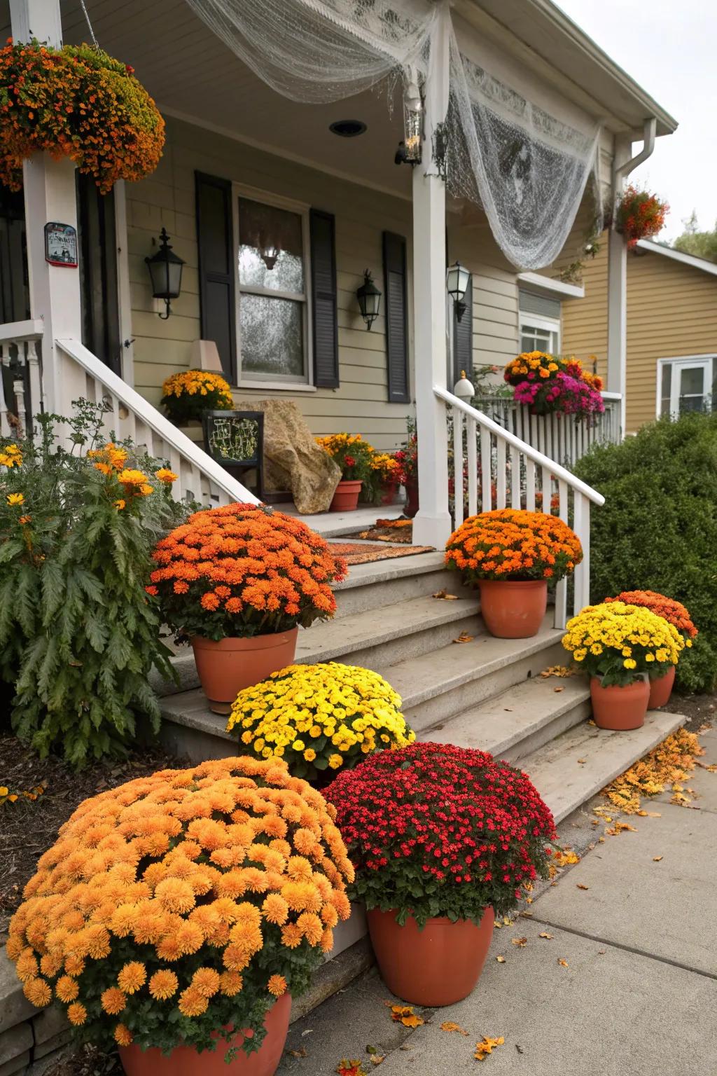 Mystical mums add vibrant color to this Halloween porch.