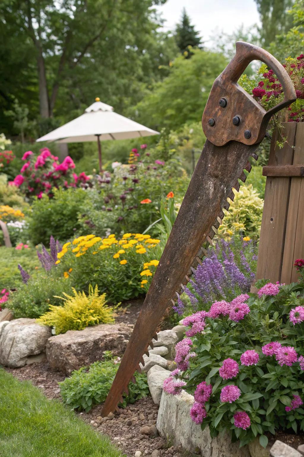 An outdoor sculpture crafted from vintage handsaws.