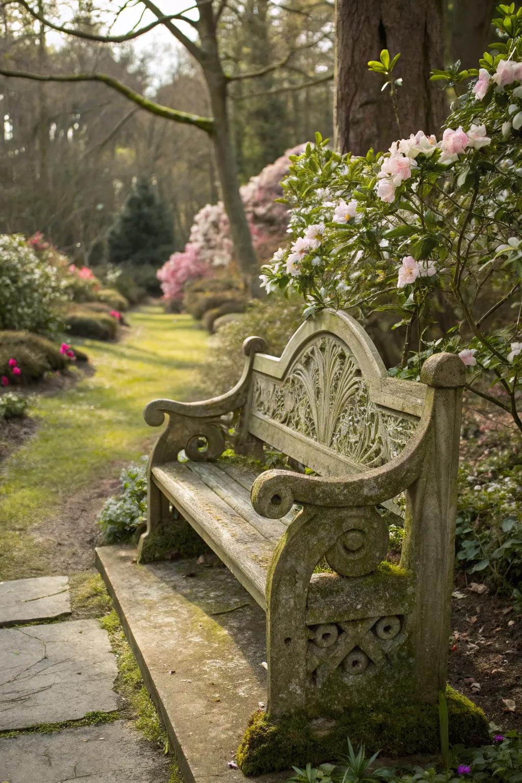 Artistic benches add both function and beauty to gardens.