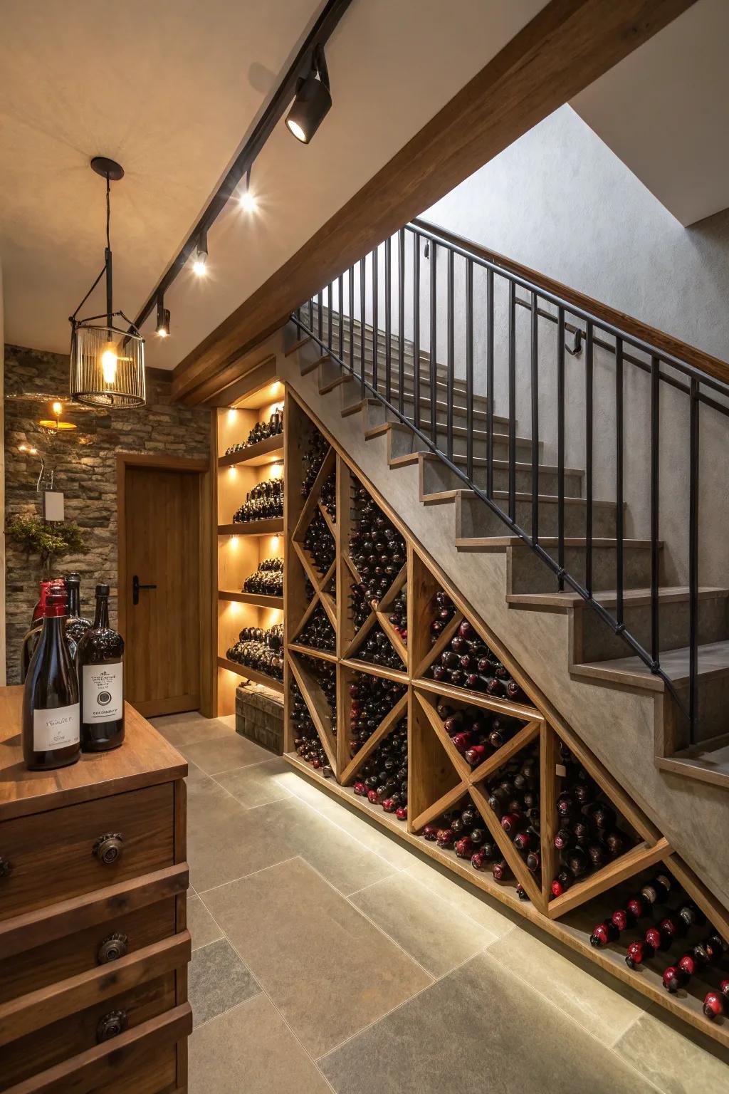 A hidden wine cellar offers a touch of luxury.