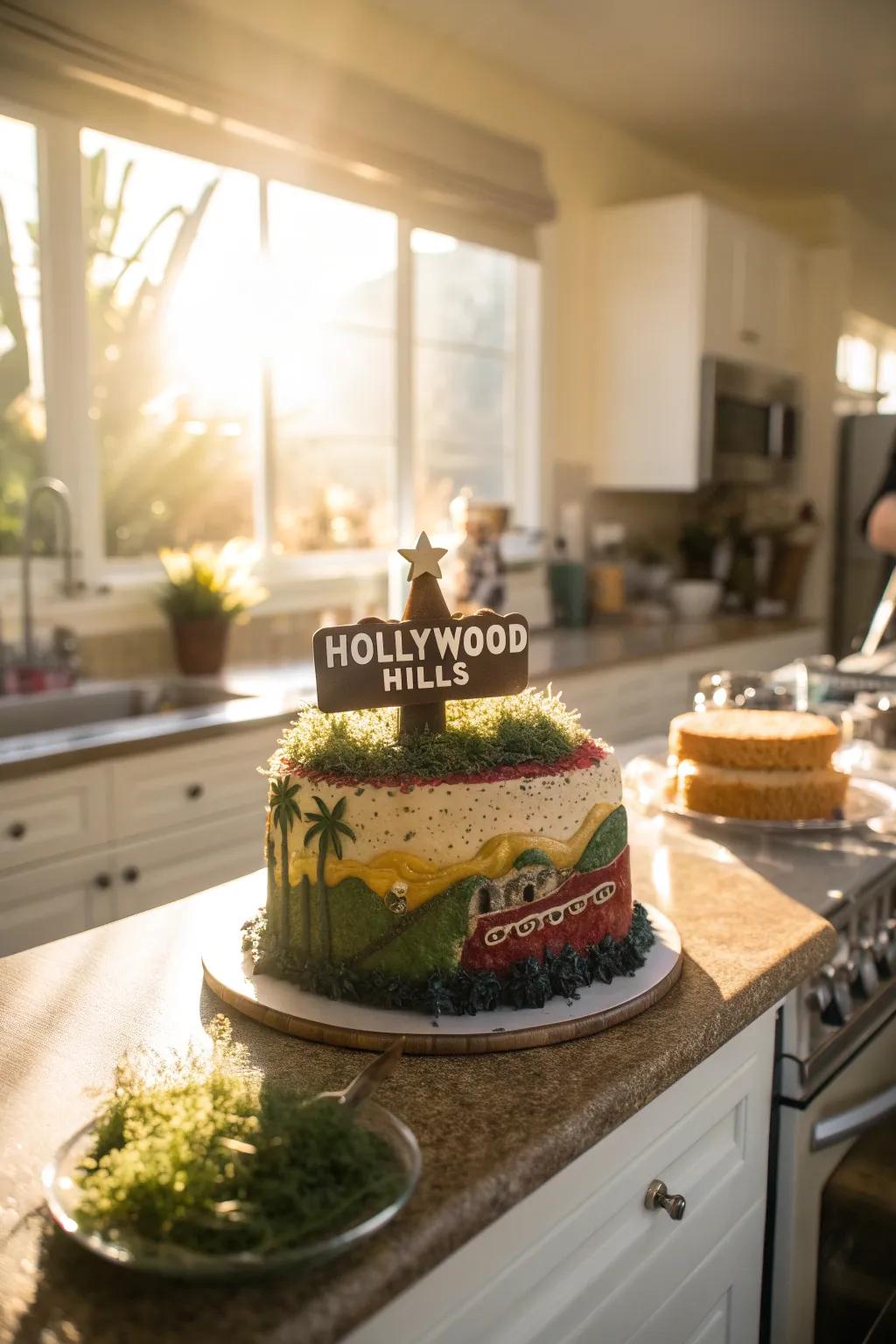 A cake inspired by the iconic Hollywood Hills, perfect for a themed event.