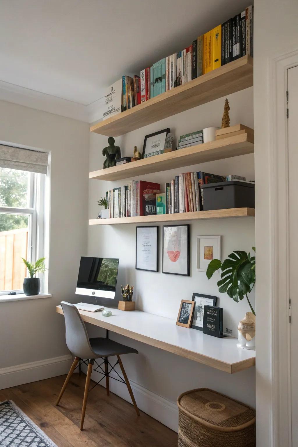 Floating shelves offer minimalist storage and display options.