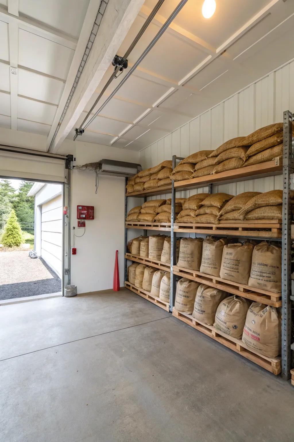 Overhead storage racks are perfect for maximizing garage space for pellet storage.