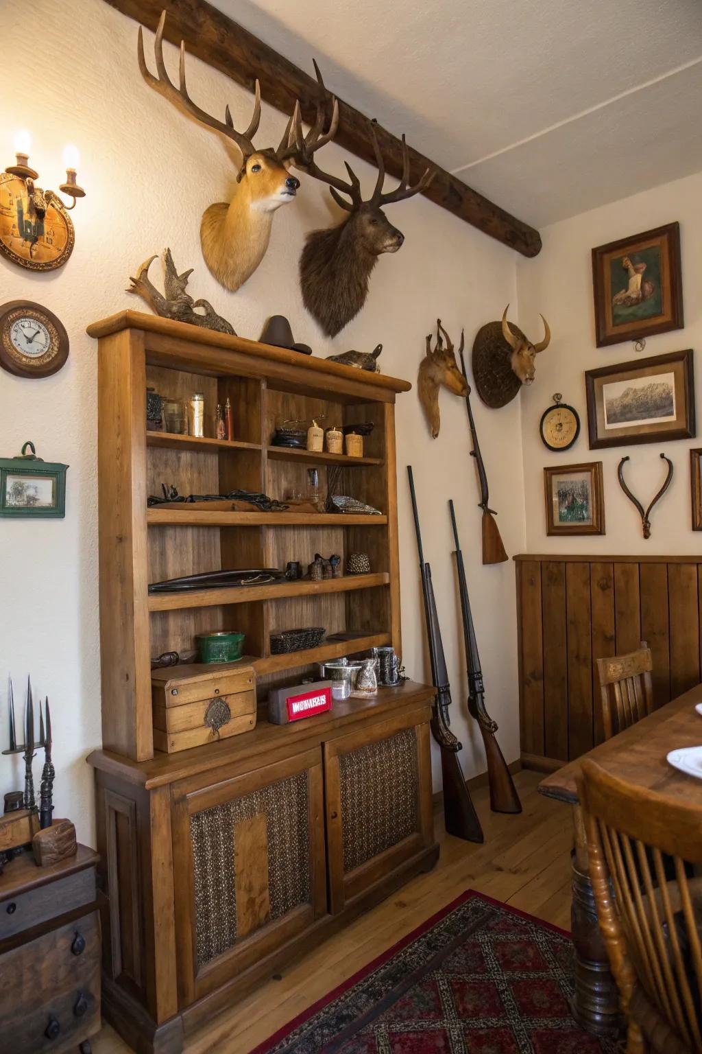 Country-style shelving gives both display and storage space.