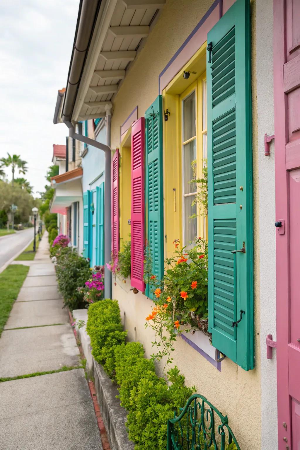 Custom painted shutters add a personal and colorful touch.