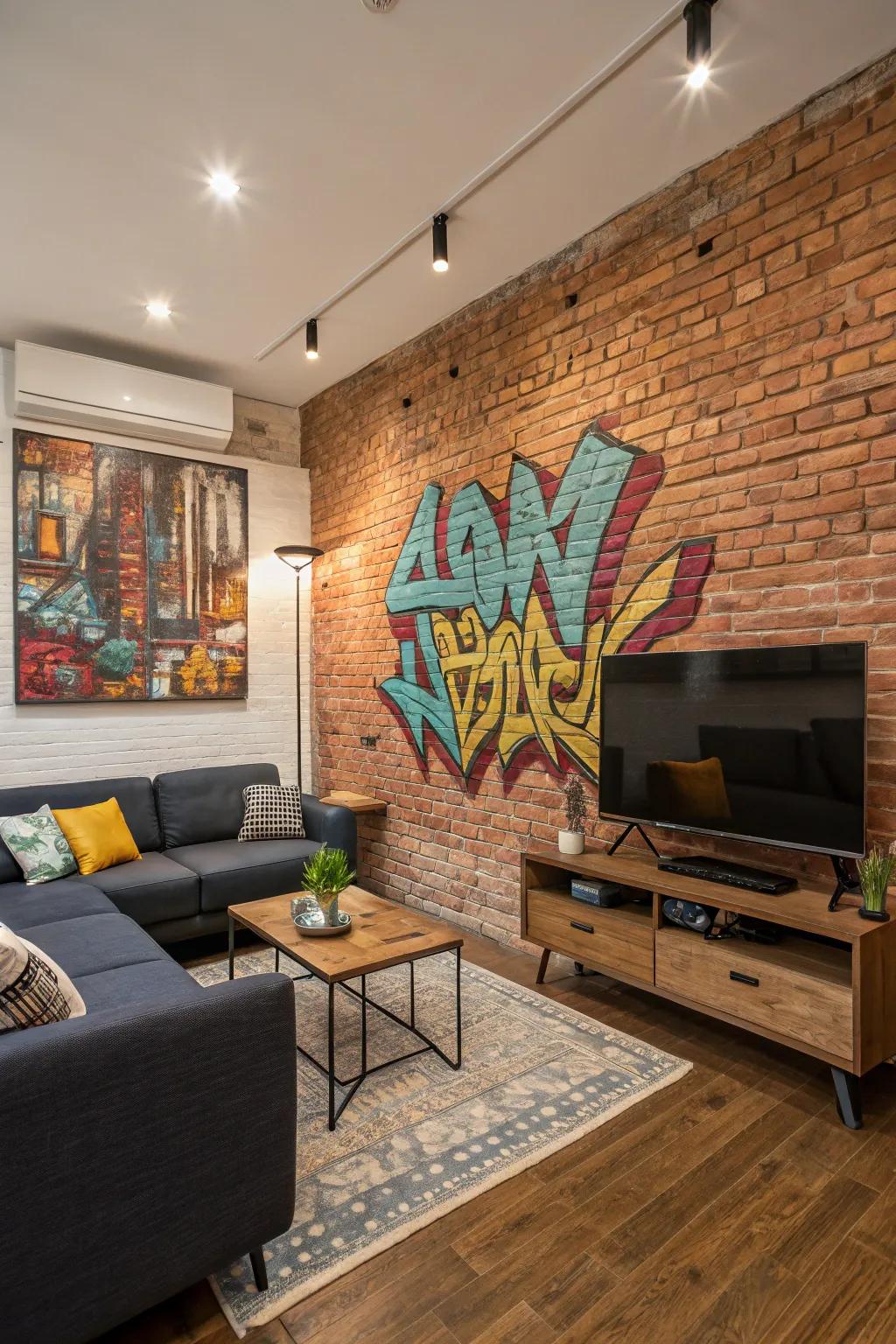 A daring living space with a brick facade featuring vibrant street art, creating an edgy visual impact.