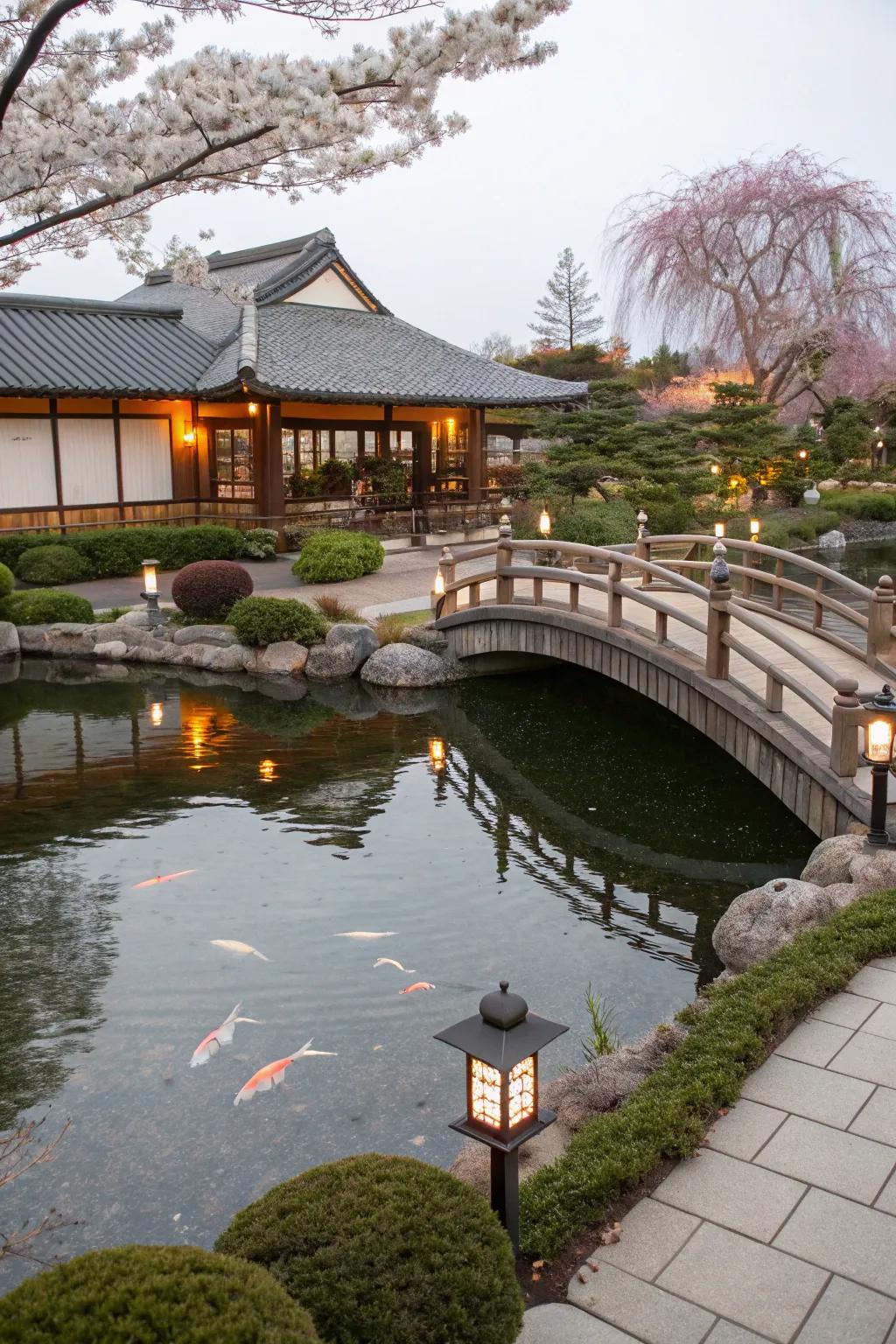 A koi pond creates a tranquil atmosphere.