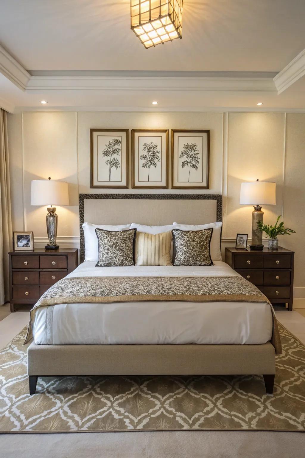 Symmetrical decor creates balance and harmony around this king-sized bed.