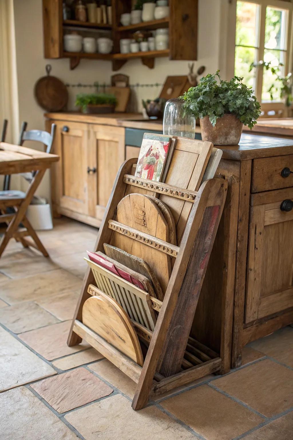 An antique publication rack delivers a distinctive approach to exhibit prep boards with charm.
