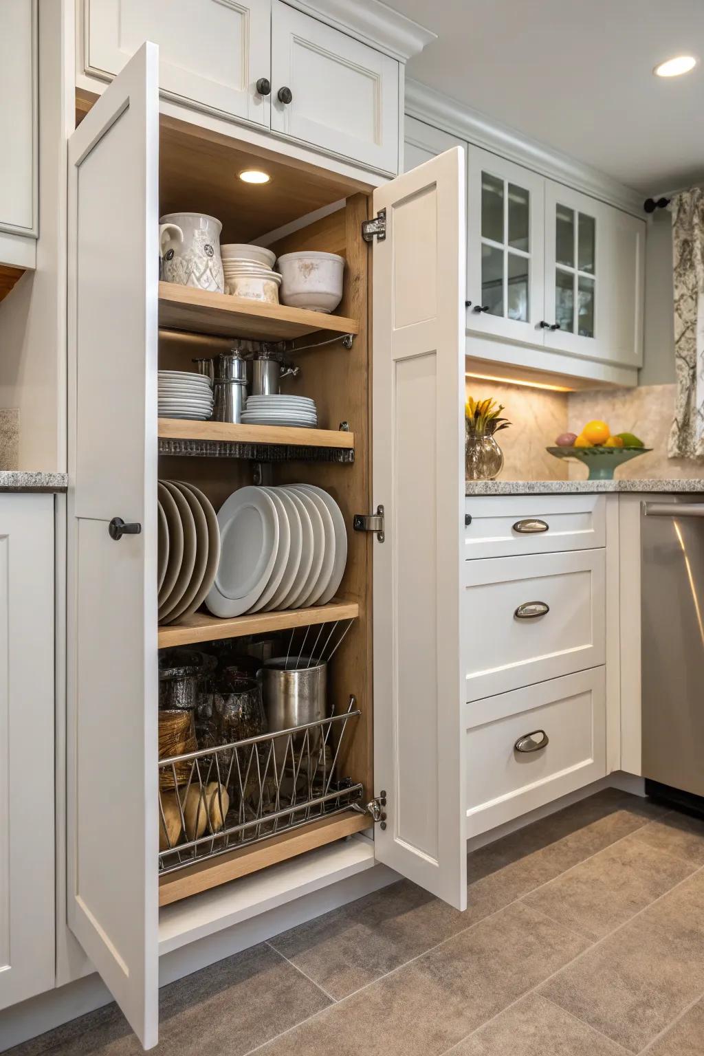 Custom slots maintain organized and easily accessible kitchen essentials.