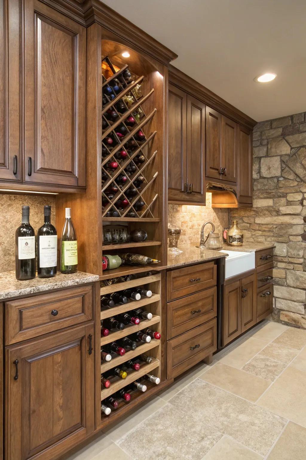 A corner wine rack introduces a hint of sophistication and function.