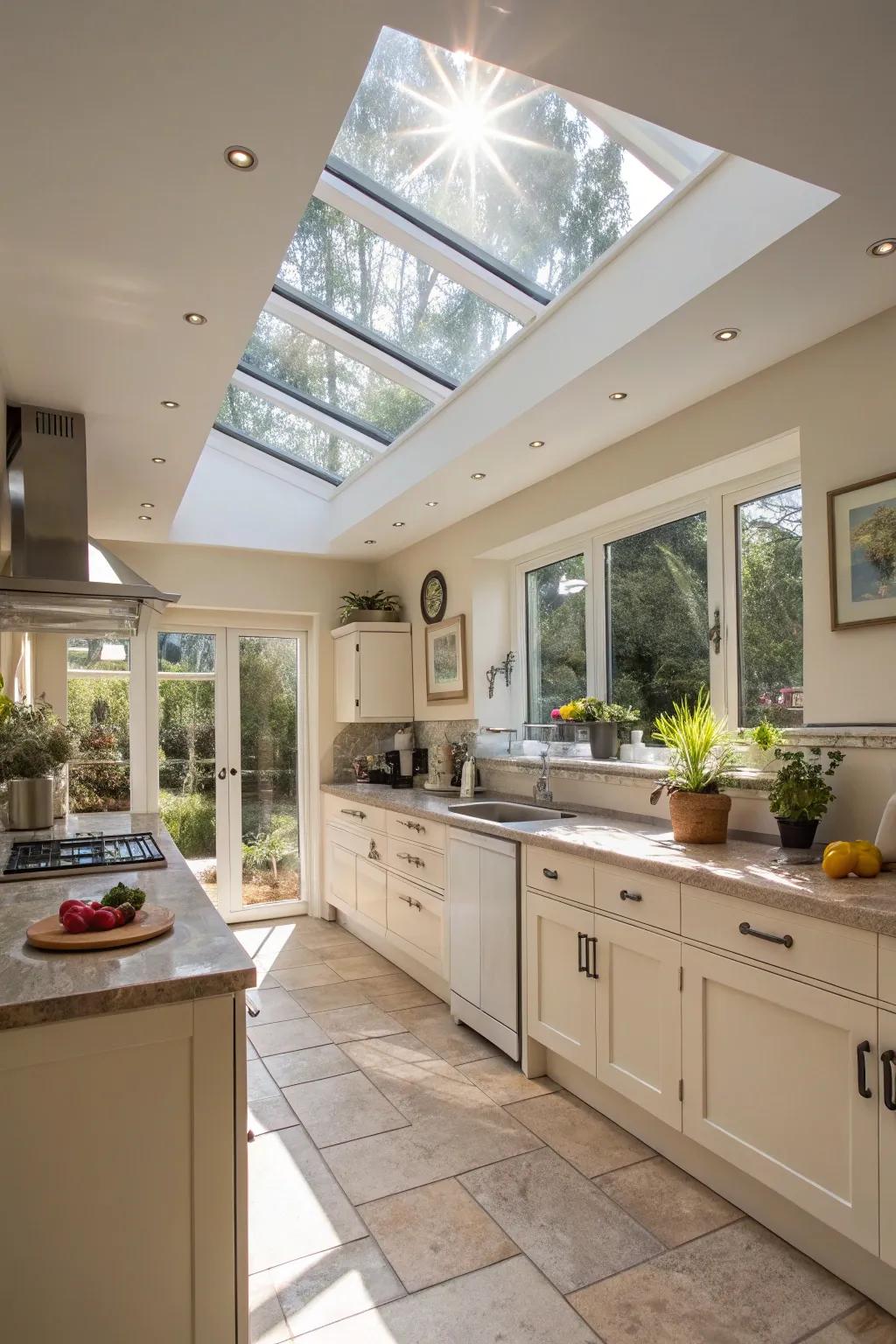 A skylight transforms the kitchen with abundant natural light.