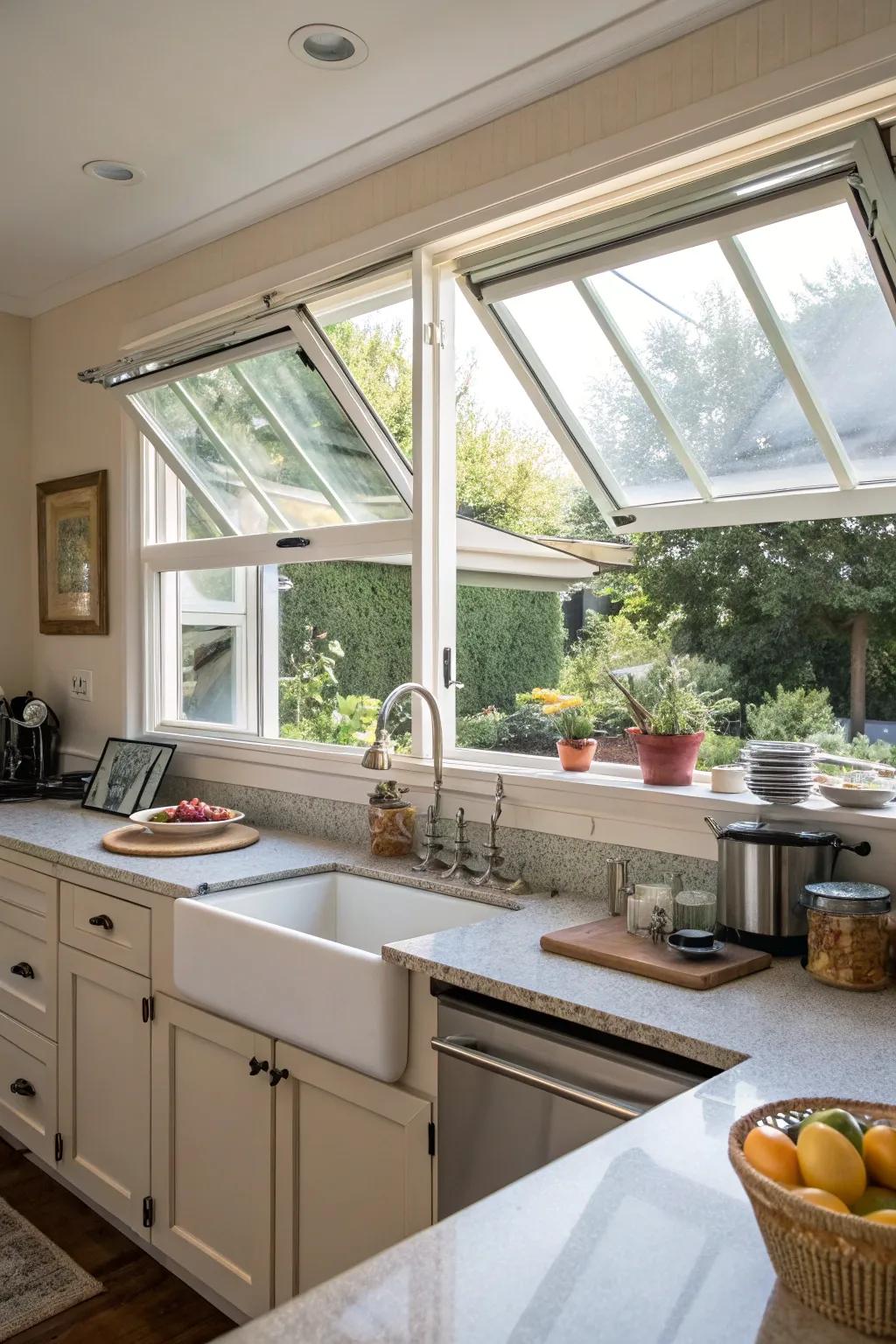 A kitchen showcasing hinged windows for best airflow.