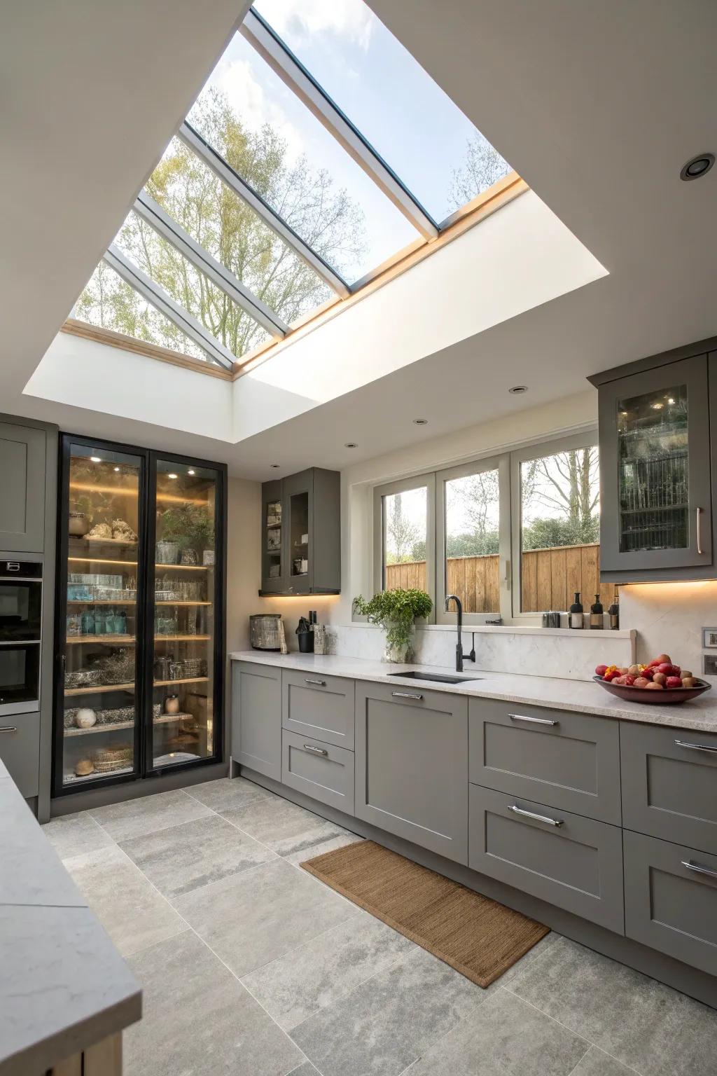 Skylights free up wall space, allowing for additional storage solutions.