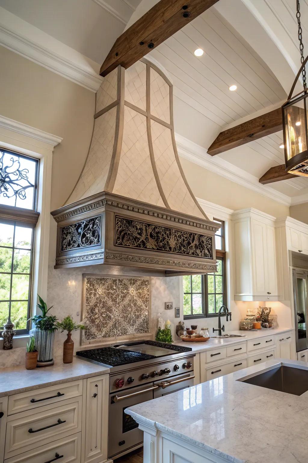 A decorative range hood adds visual interest and elegance.