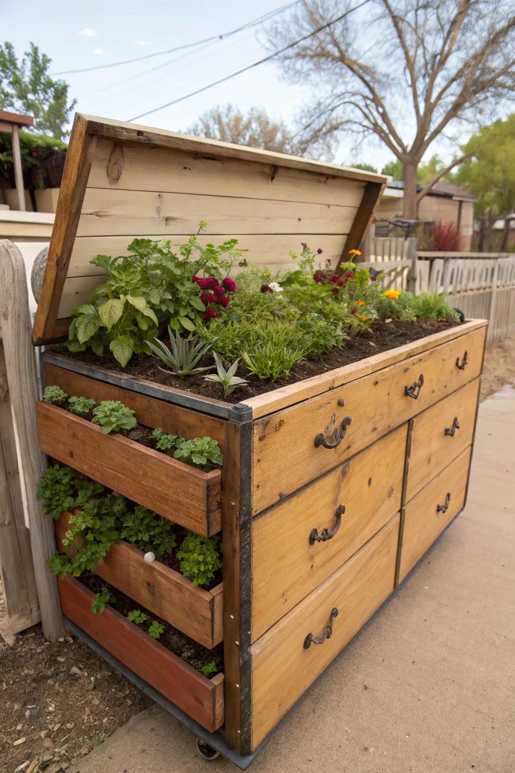 Old furniture can be creatively repurposed into charming raised beds.