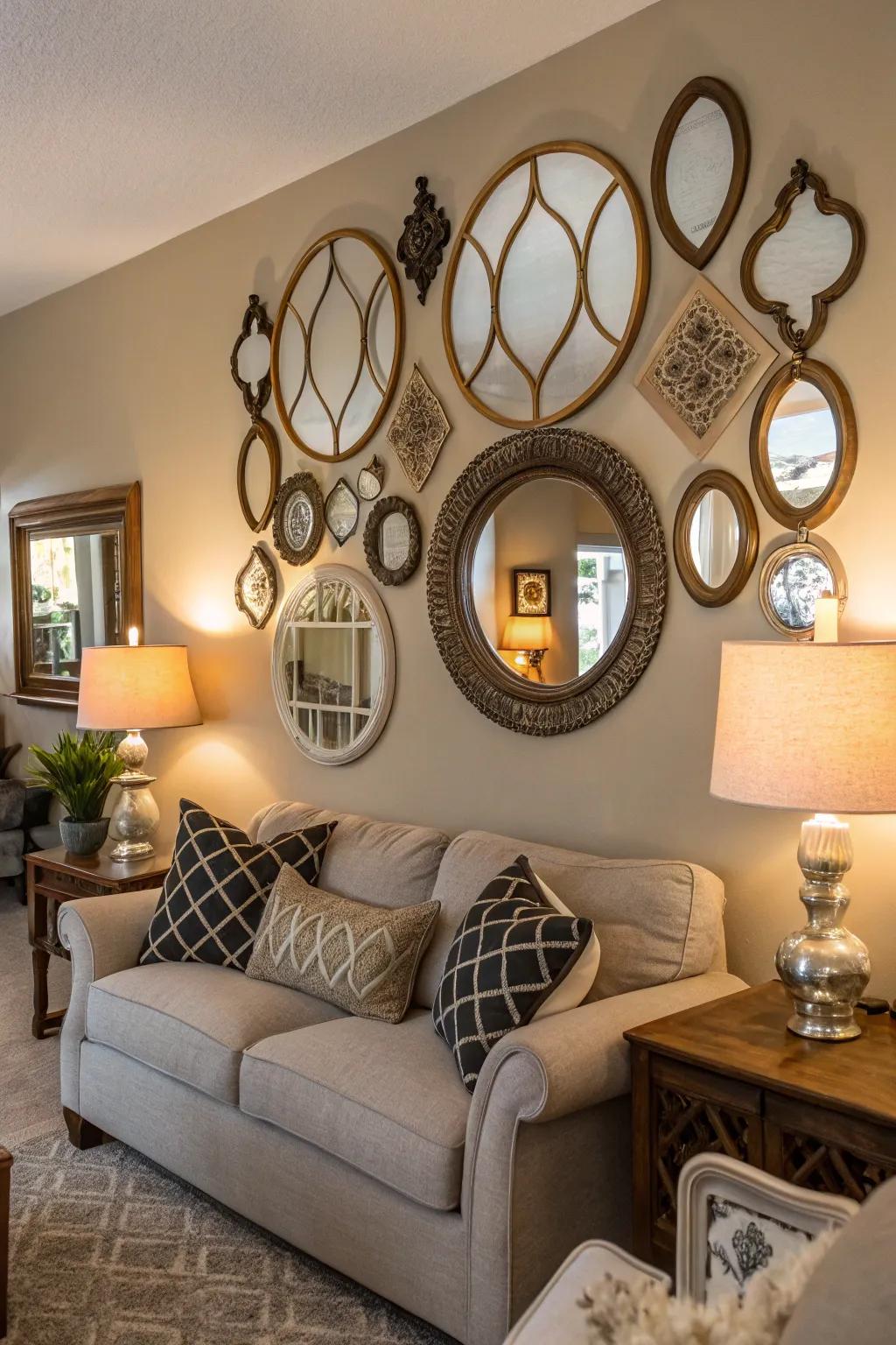 A mirror gallery wall adds artistic flair and dimension.