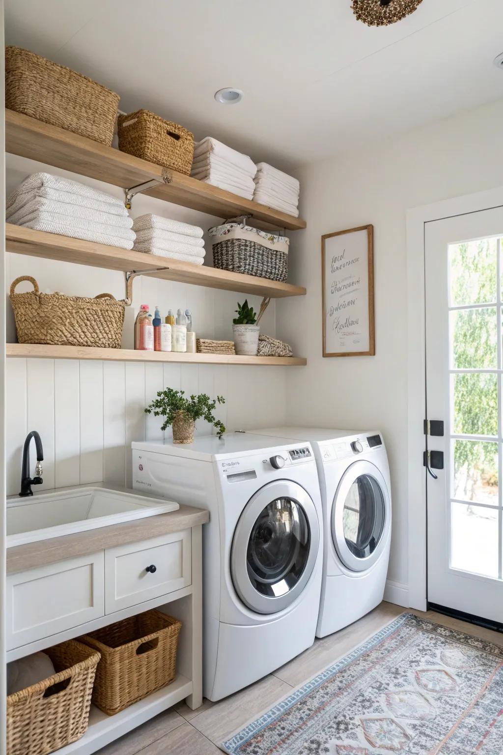 Floating shelves add a light and open atmosphere to the laundry room.