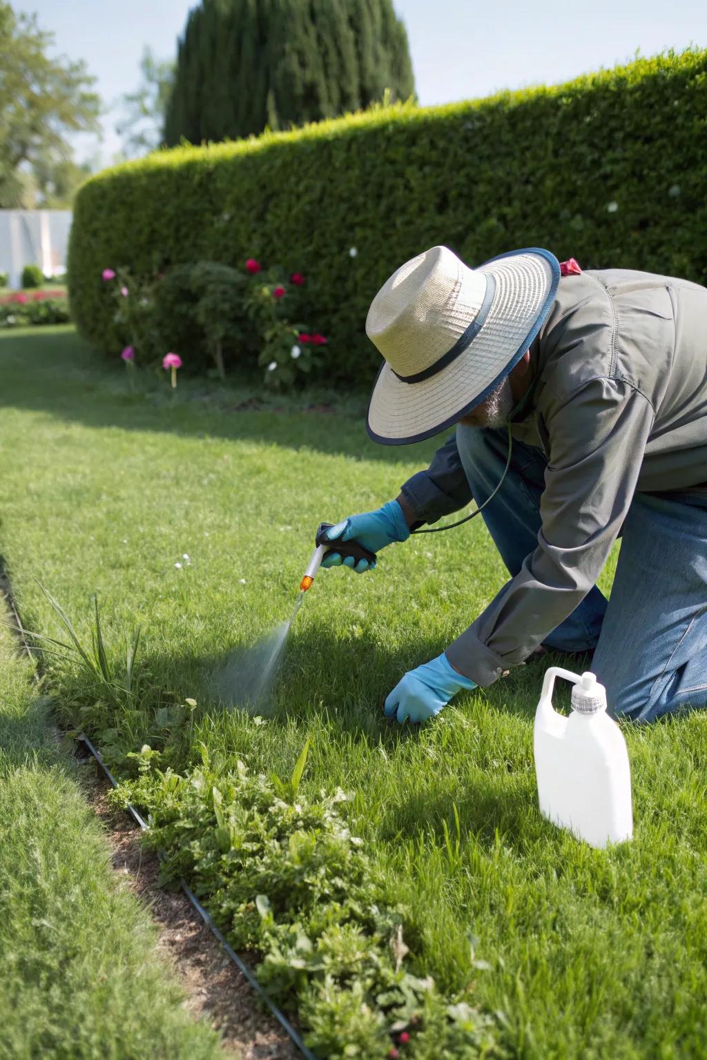 A watchful gardener keeps the lawn immaculate by addressing weeds promptly.