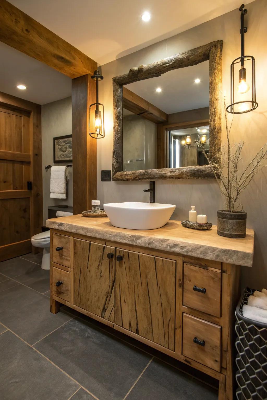 A bathroom vanity featuring the rustic elegance of a live edge countertop.