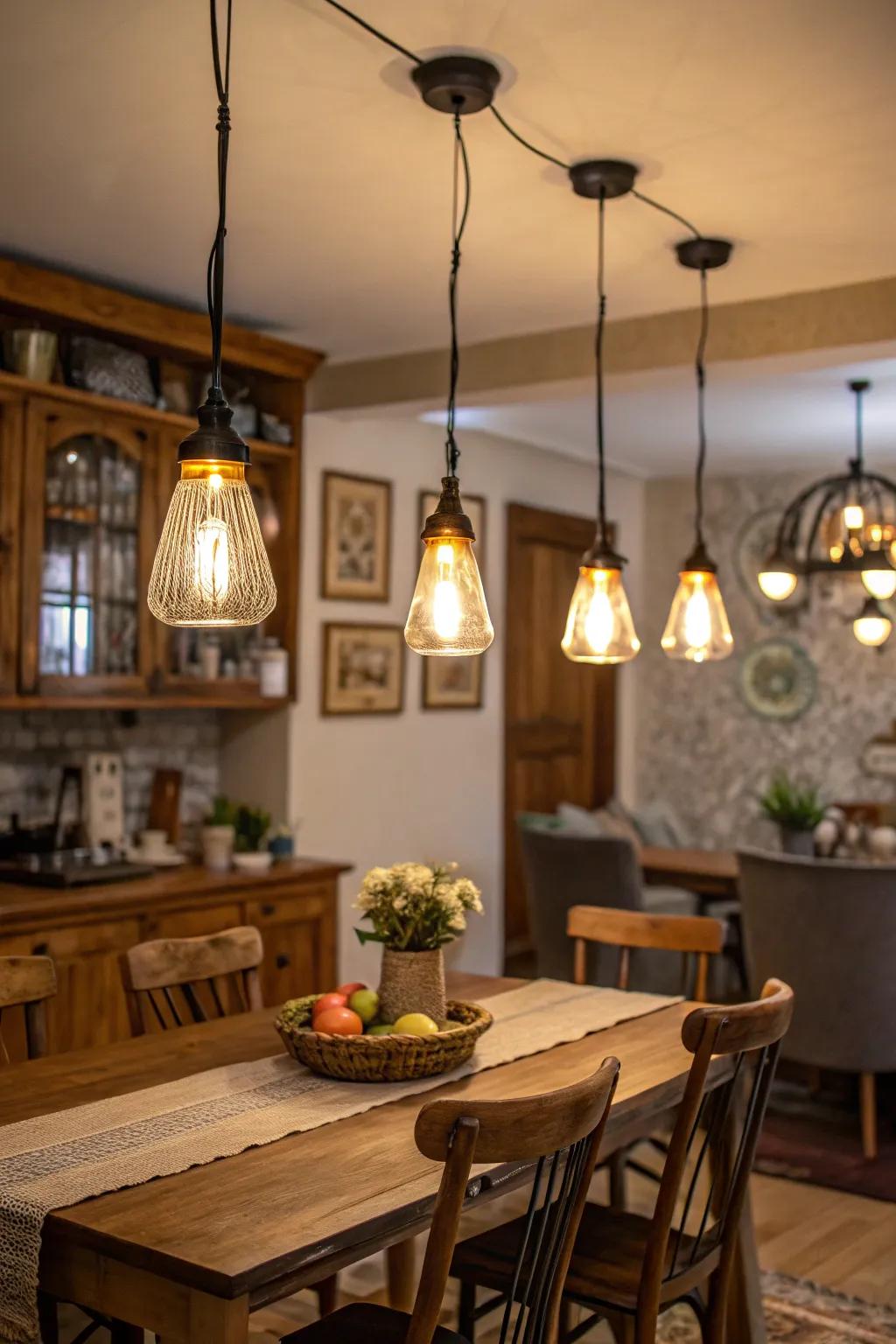 Clustered compact pendant lights in a dining area.