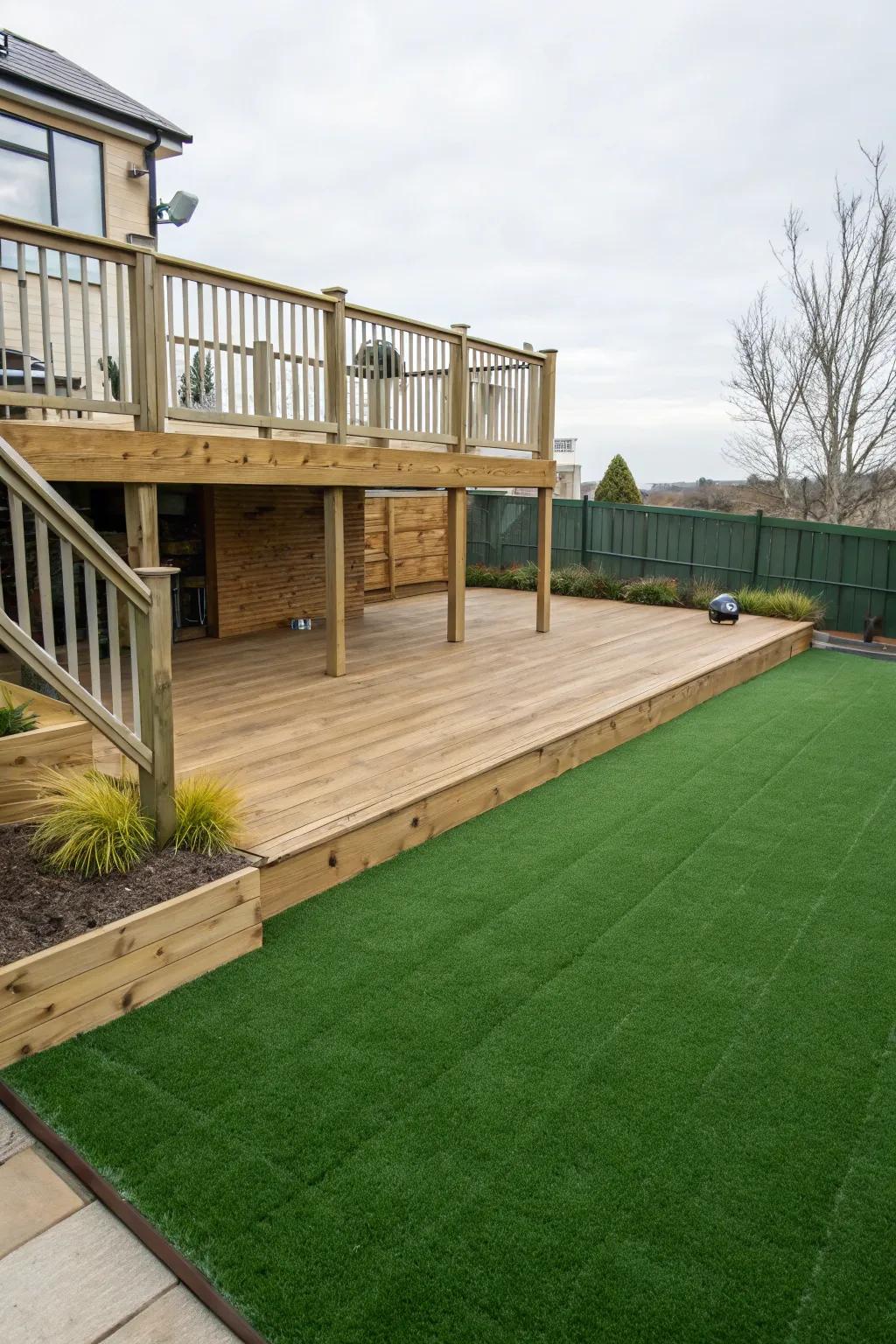 Artificial turf providing a lush surface around a raised deck.