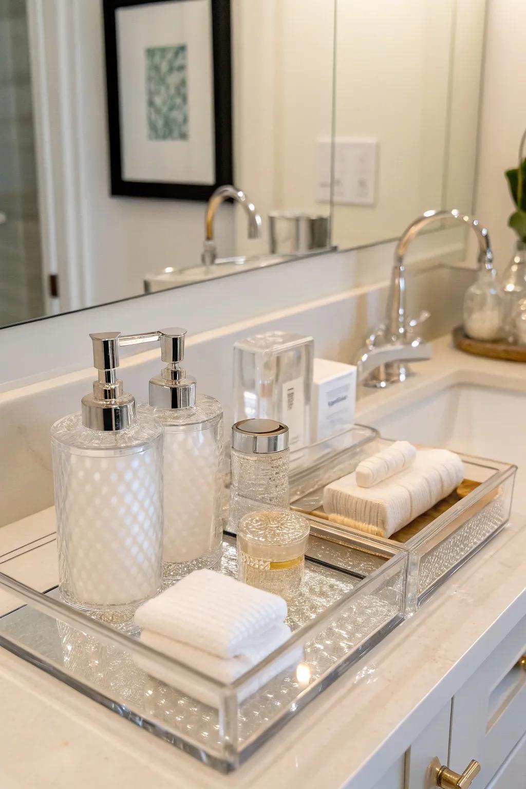 Poly-methylmethacrylate accessories elevate bathroom decor.