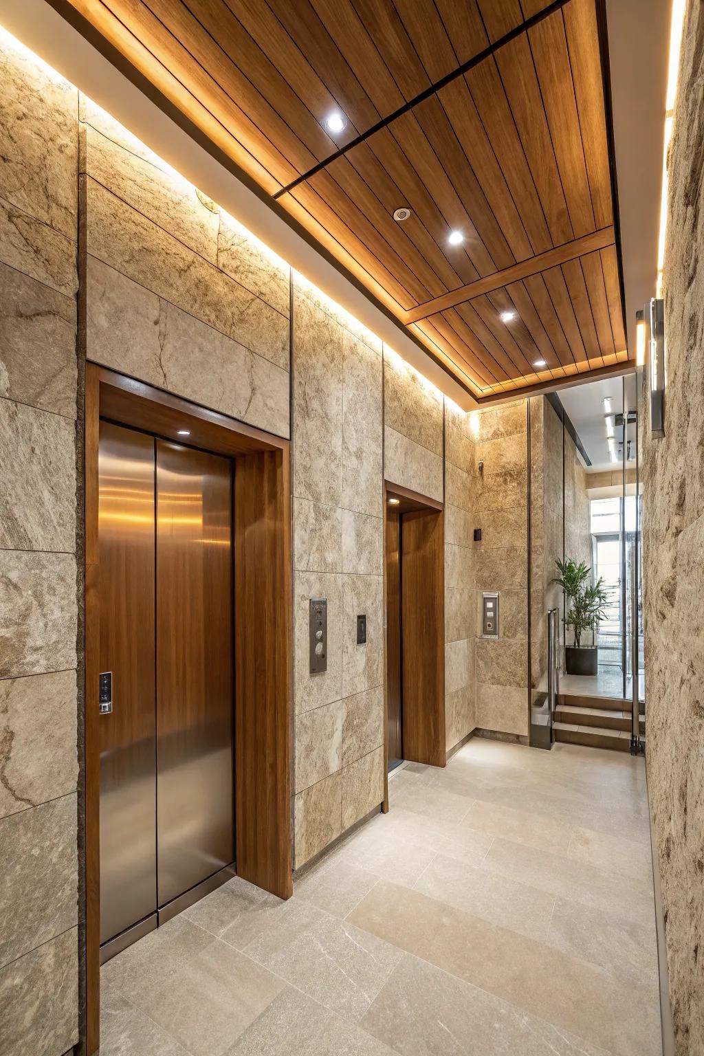 Natural materials create a warm and inviting elevator space.