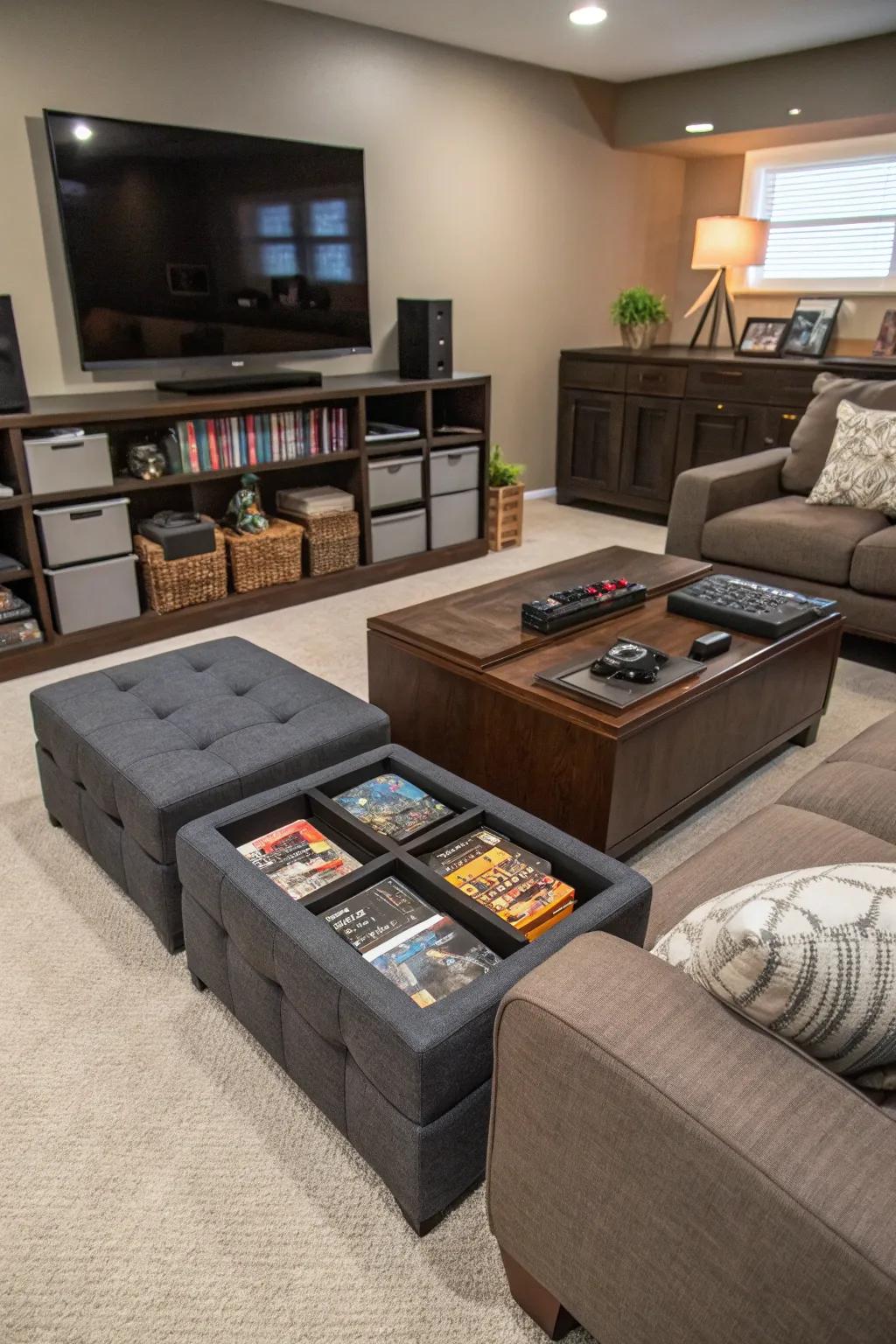 Concealed storage options showcasing ottomans and coffee tables.