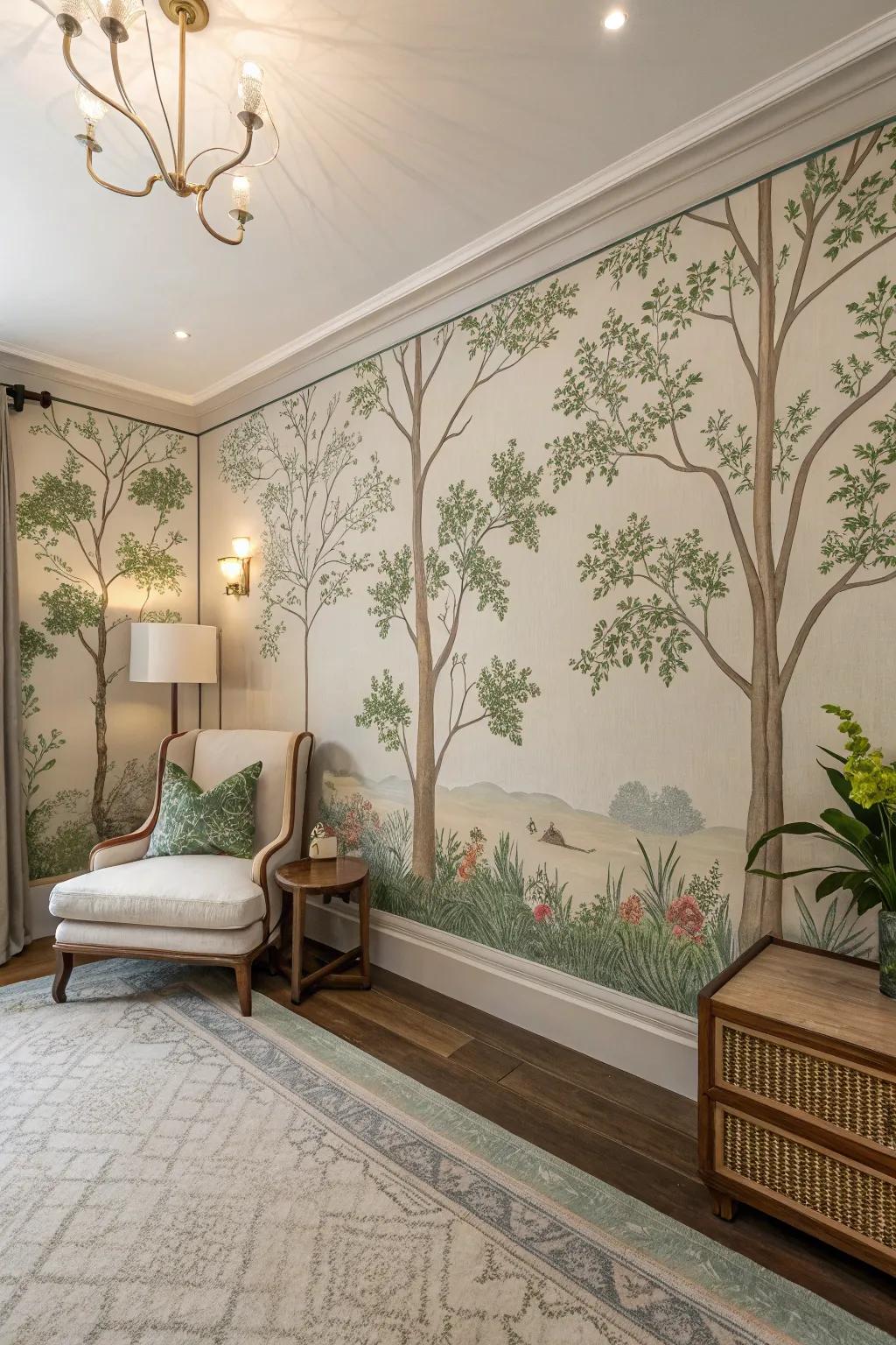 Peaceful setting with nature-inspired mid-century wallpaper.