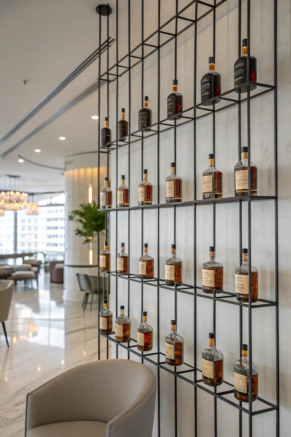 A hanging wall grid offering a modern display for mini liquor bottles.