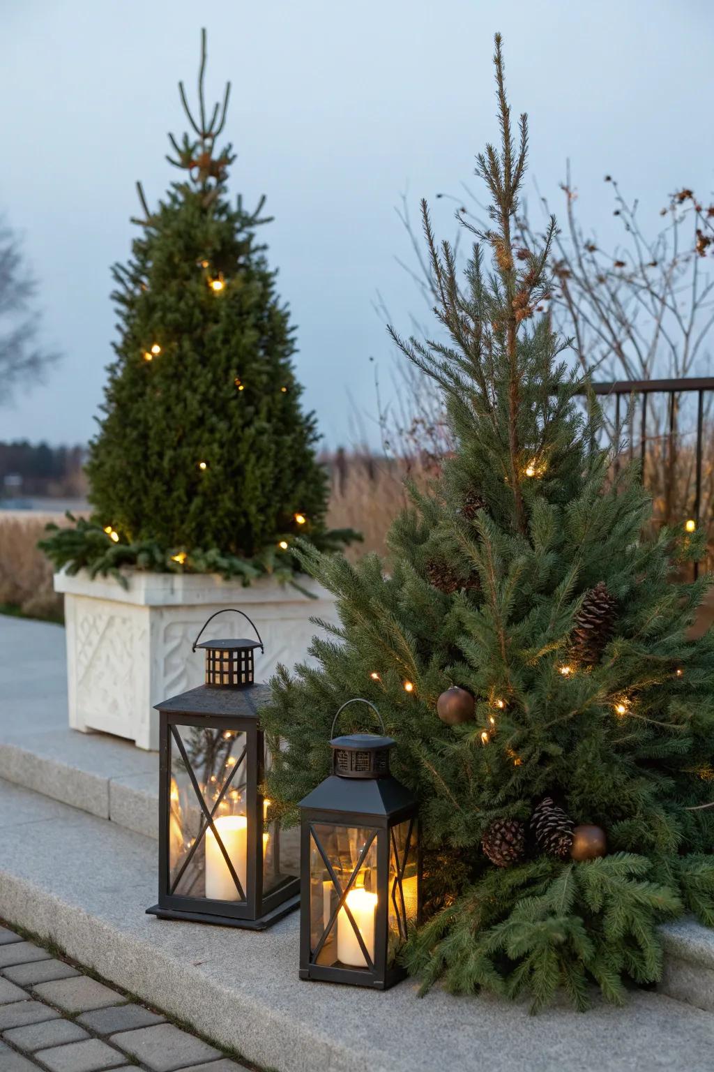 Simple and natural outdoor decorations with evergreens and lanterns.