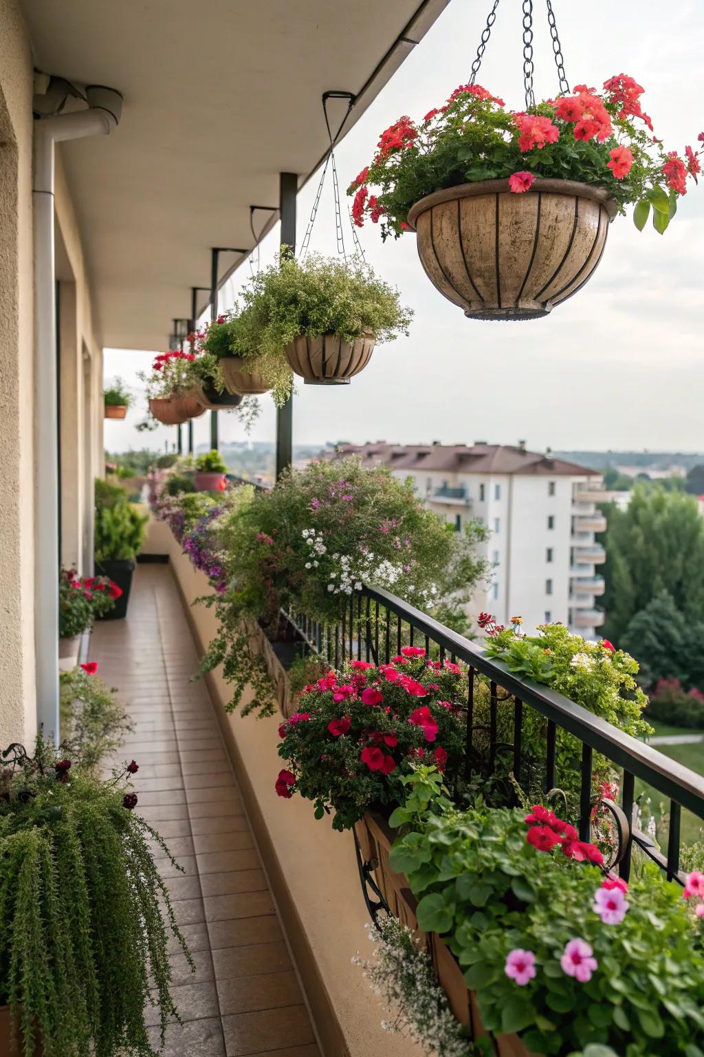 Enhance your balcony using exquisite hanging planters.
