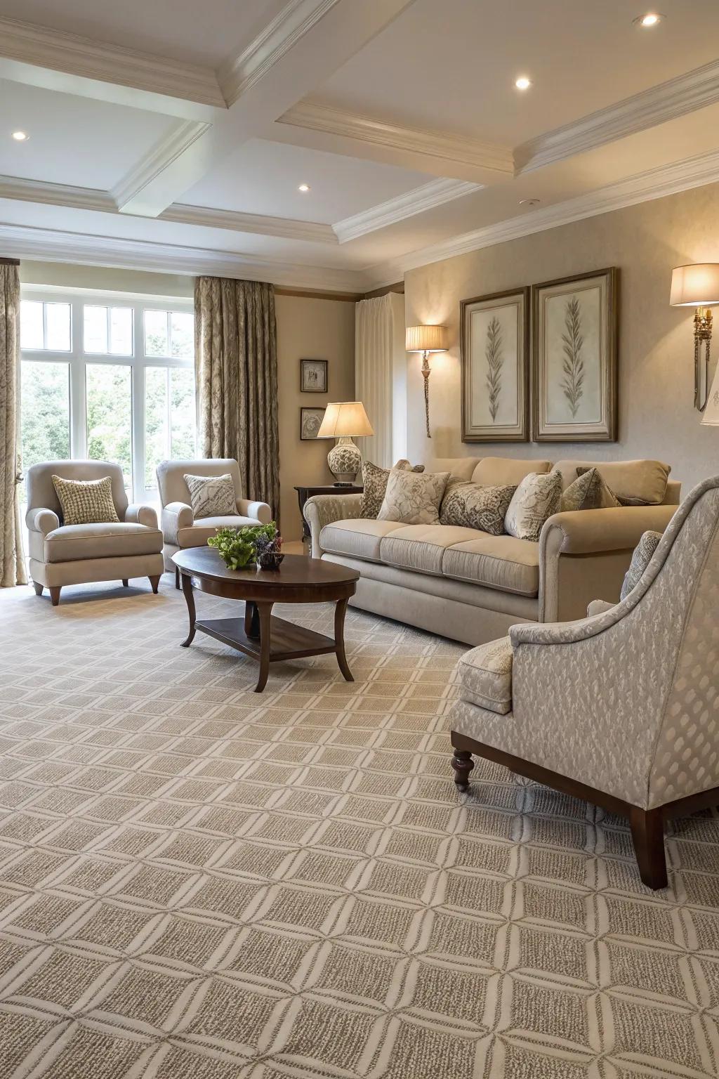 Elegant living room showcasing layered neutral-toned carpets for added depth