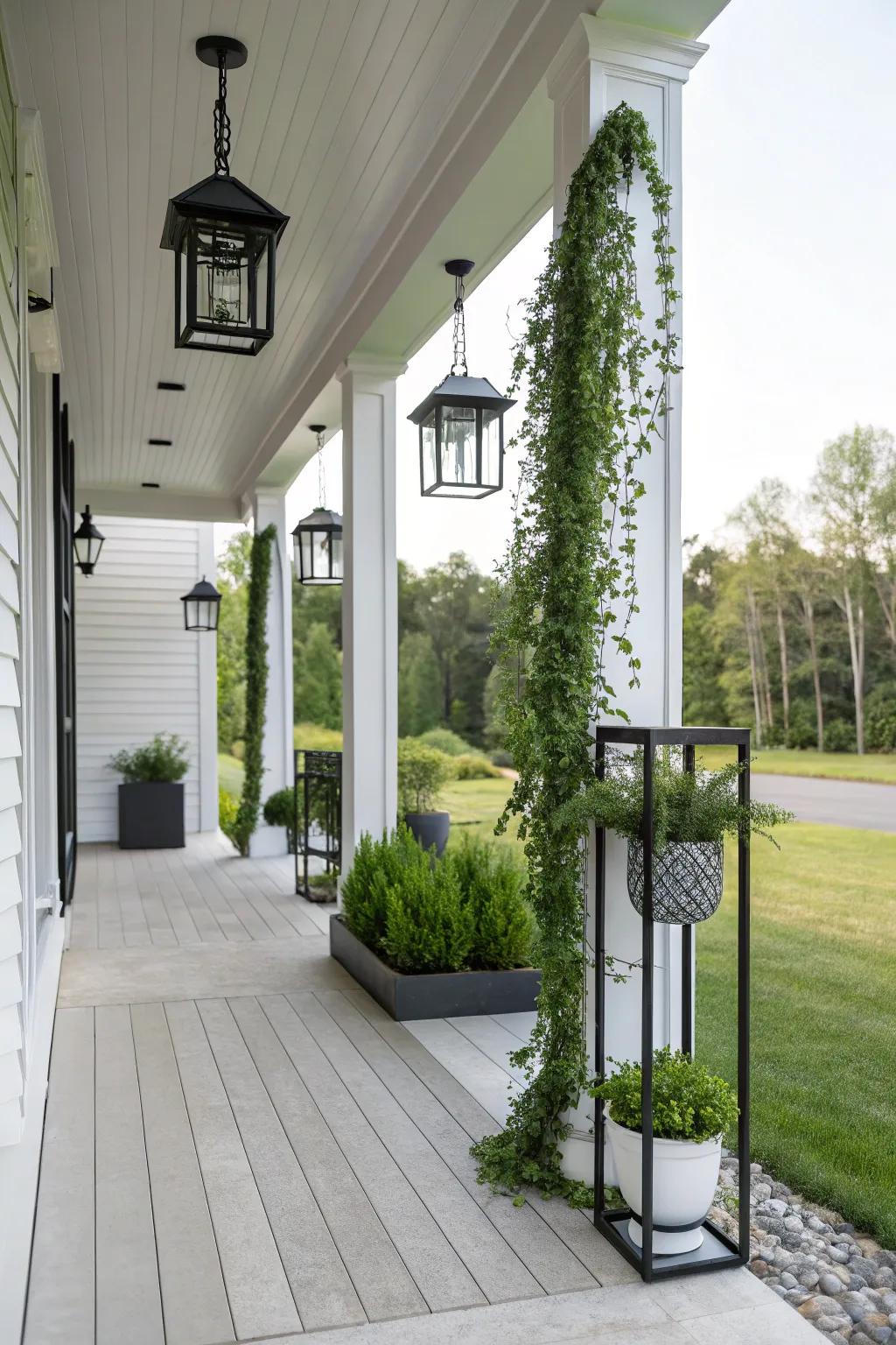 Minimalistic accessories enhance the modern vibe of a porch.