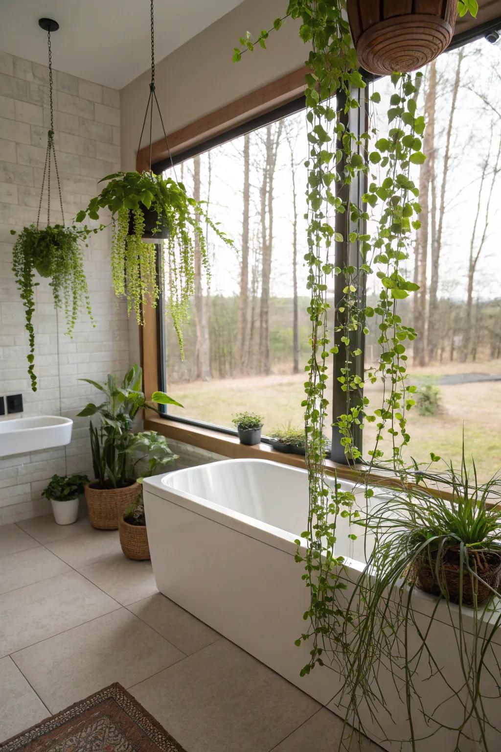 A bathroom enlivened with small potted plants and hanging vines for a fresh look.