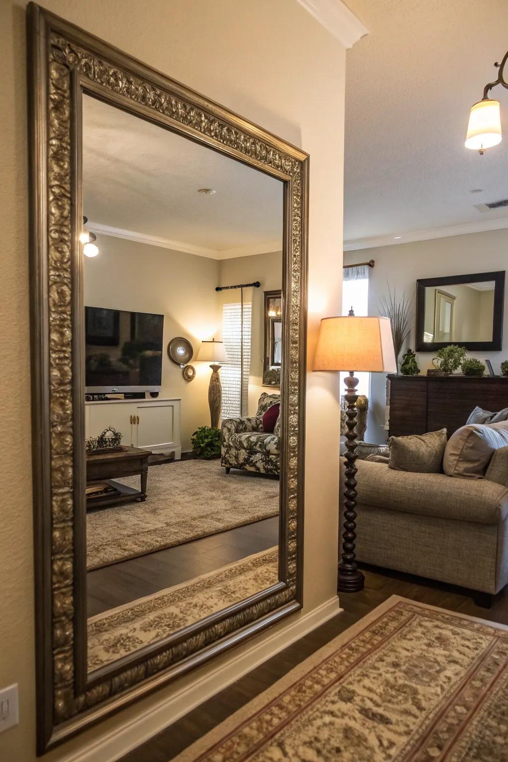 An oversized mirror enhances the sense of space and light in the living room.