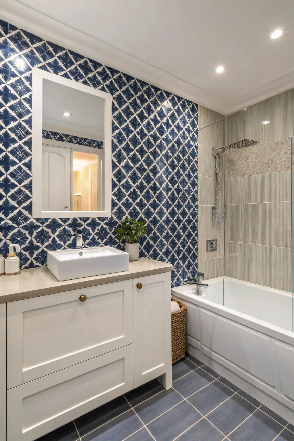 Mosaic tiles create an artistic focal point in the bathroom.