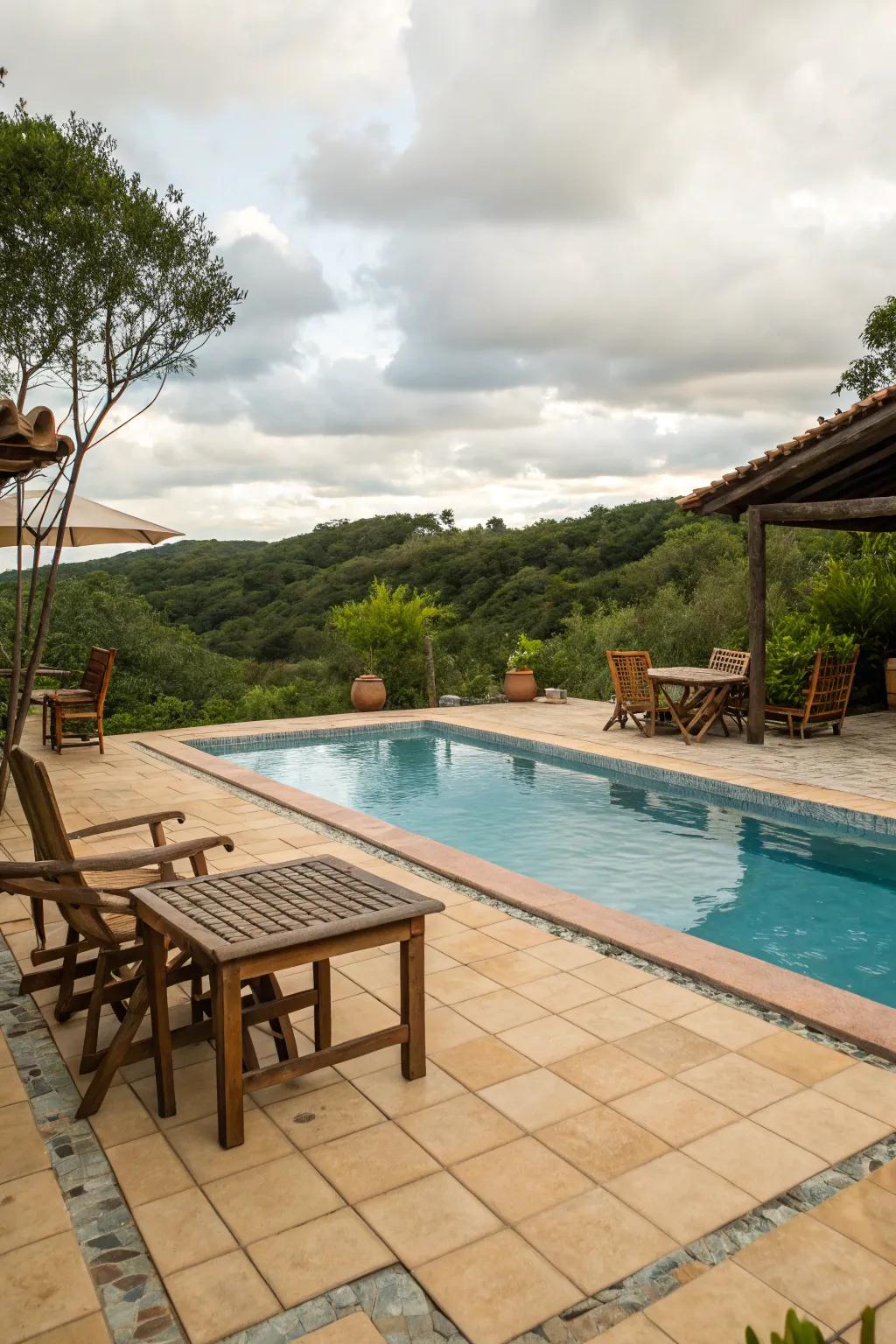 Warm neutral tiles create a cozy and inviting pool atmosphere.