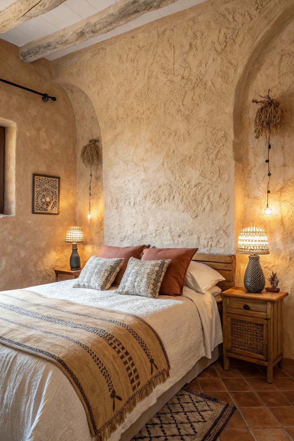 Textured plaster walls add rustic depth to a modern Spanish bedroom.