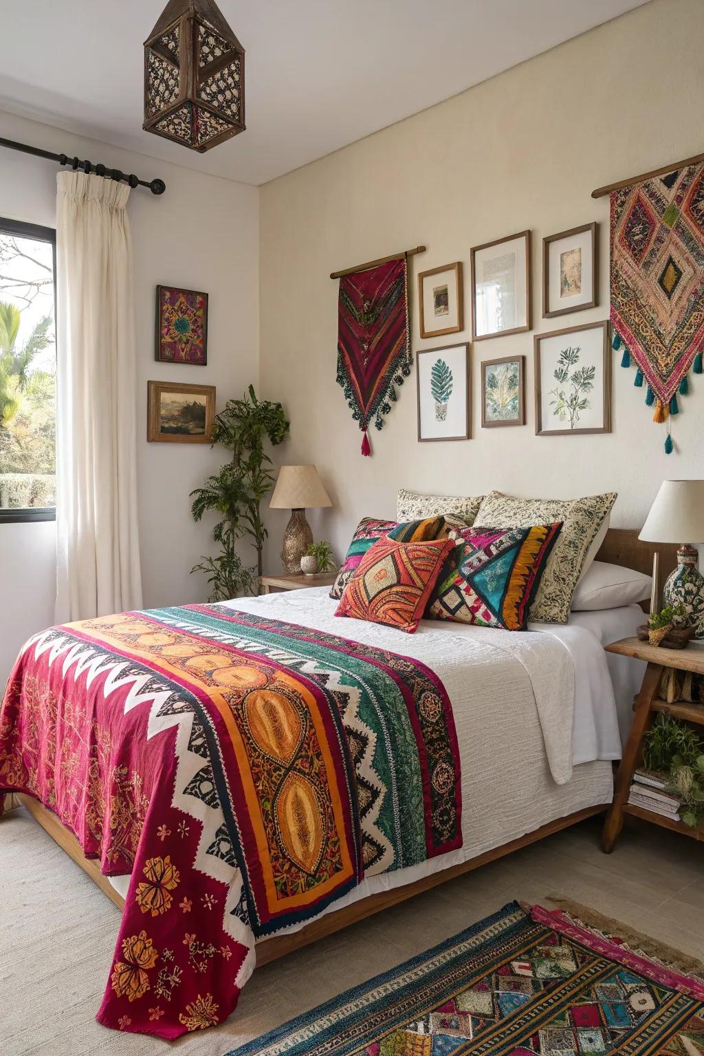 A bedroom with global textiles and patterned throws.