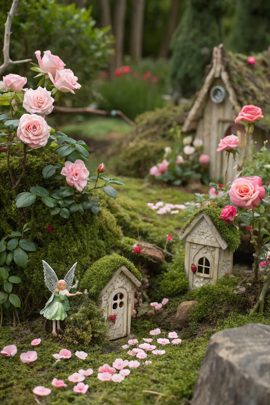 Moss roses add charm to a whimsical fairy garden.