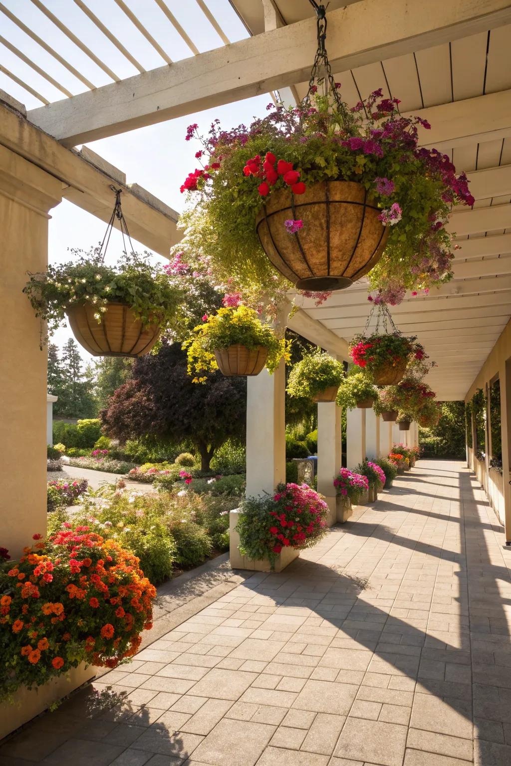 Hanging flower baskets transform outdoor spaces into lush gardens.