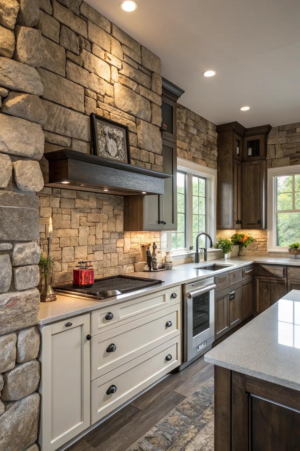 Mixed textures create a visually engaging and dynamic kitchen space.