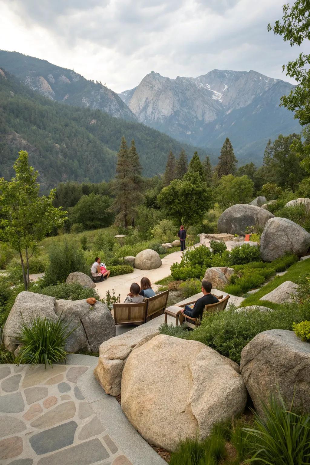 Boulders offering natural seating and focal points in the garden.