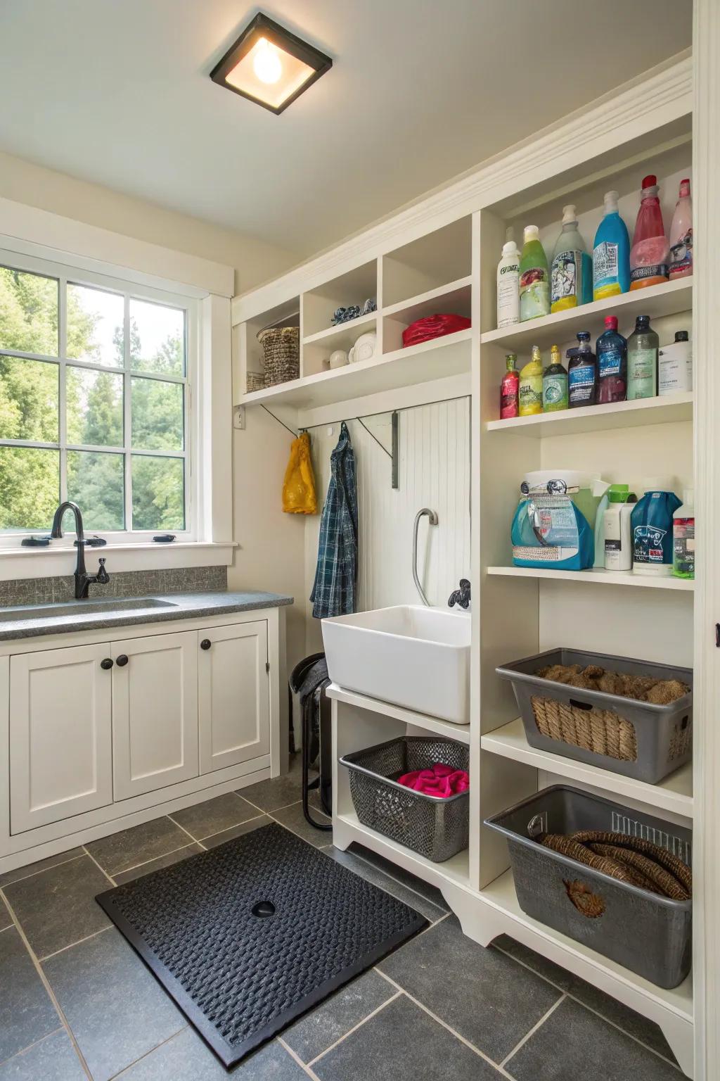 A mudroom featuring a dedicated pet station with washing and storage areas.